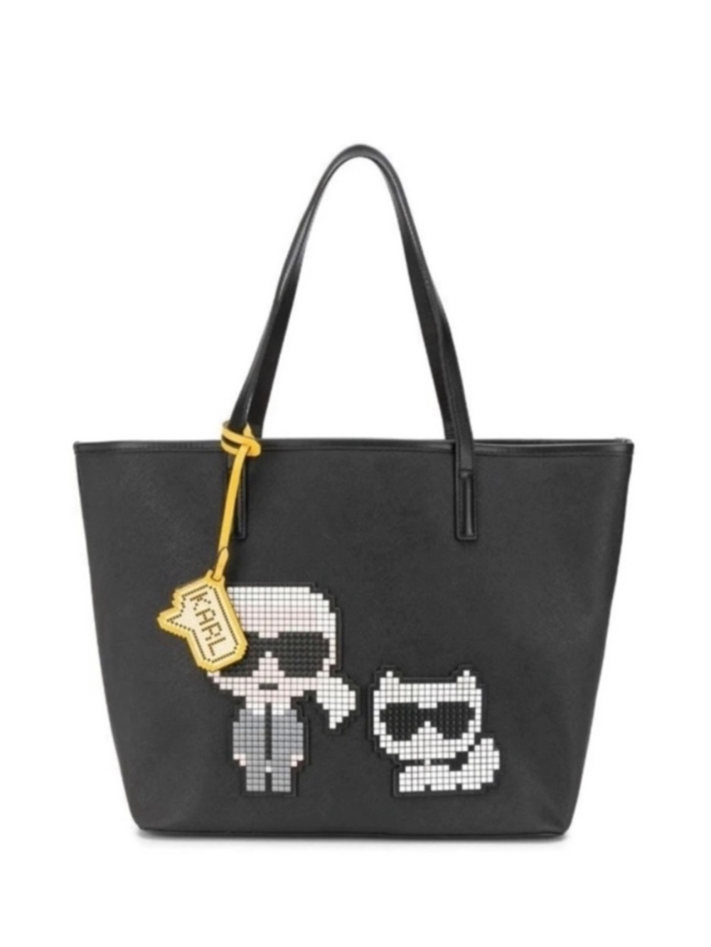 Karl Lagerfeld Black Tote with Yellow Tag and White Pixel Art
